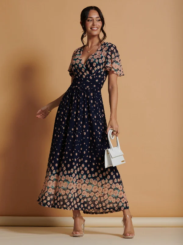 Mirrored Mesh Angel Sleeve Maxi Dress, Navy Floral Stylish Pleated A-Line Maxi Dress Mirrored Mesh Angel Sleeve Maxi Dress, Navy Floral Stylish Pleated A-Line Maxi Dress