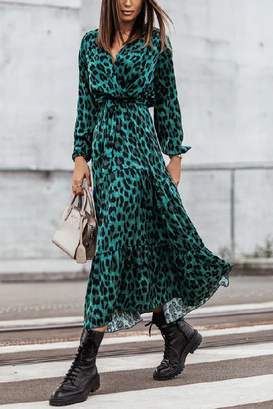 Most Wanted Leopard Print Long Sleeve Maxi Dress Trendy V-Neck Maxi Dress