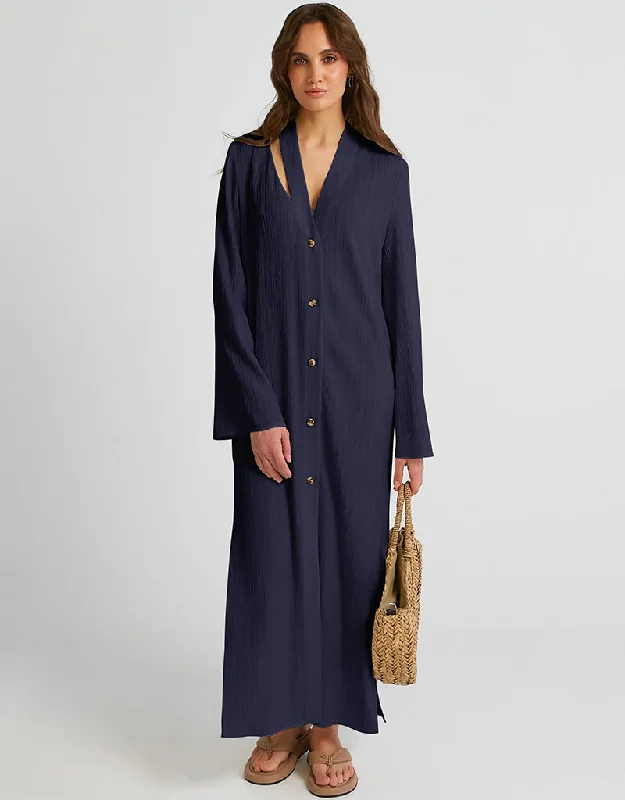 Navy Blue Heavy Designer Heavy Fancy Maxi Dress Chic Button-Up Maxi Dress