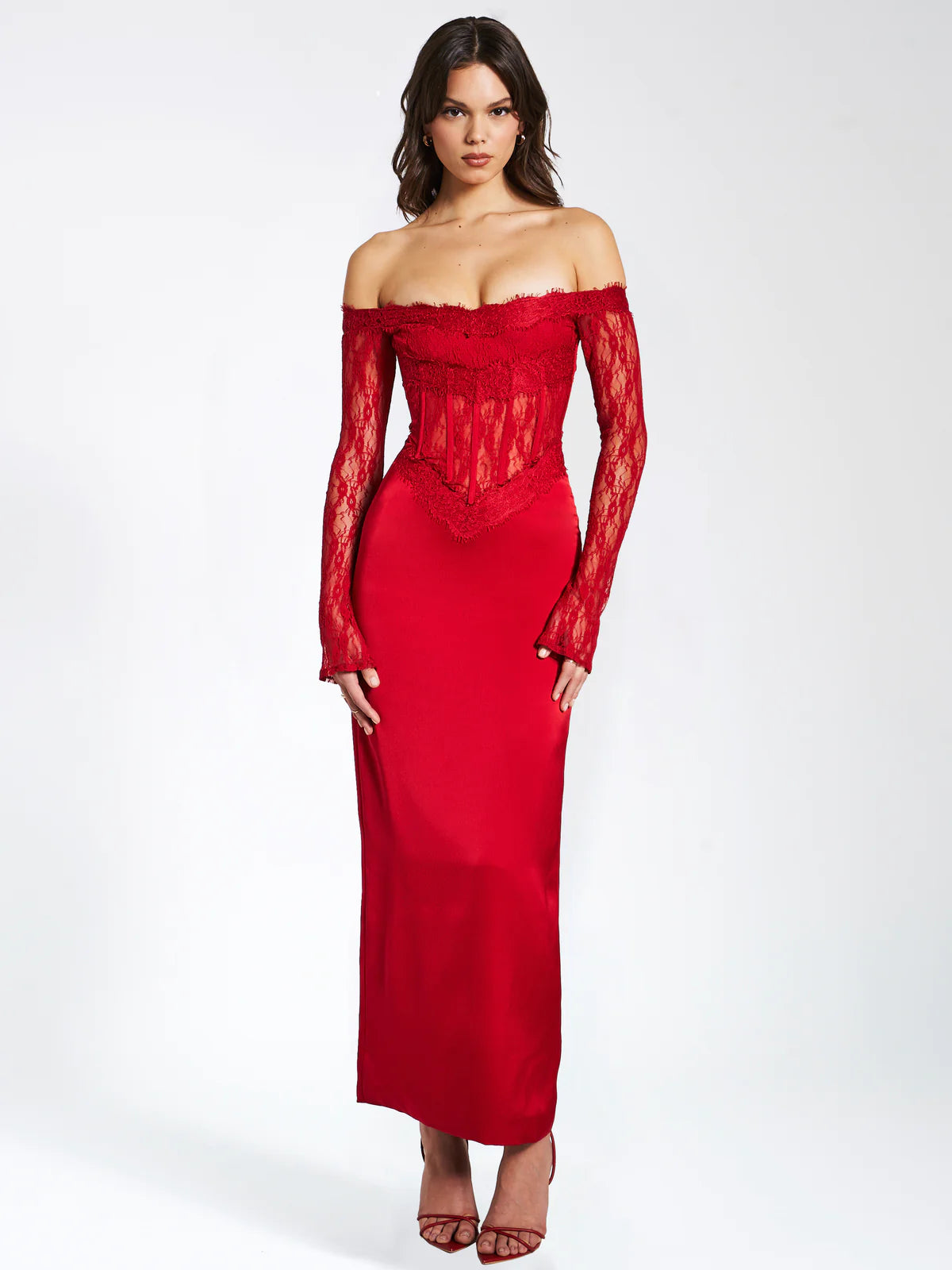 NESSA RED LACE SATIN MAXI DRESS Trendy Maxi Dress with Straps