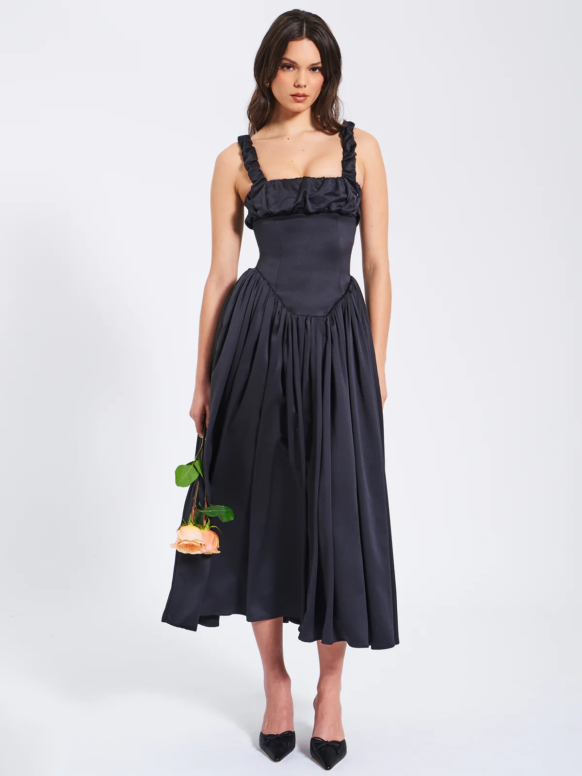 NOREEN BLACK SATIN MAXI DRESS Trendy Maxi Dress with Bow