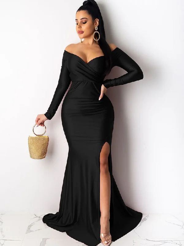 Off Shoulder Long Sleeves Split Maxi Dresses Comfortable Maxi Dress with Sleeves