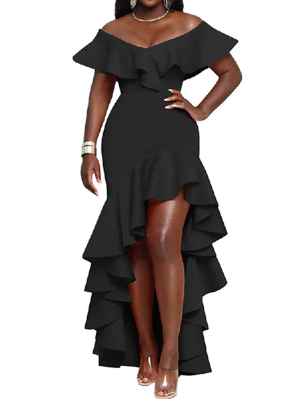Off Shoulder Ruffle Irregular Hem Slit Maxi Dresses Classic Strapless Maxi Dress