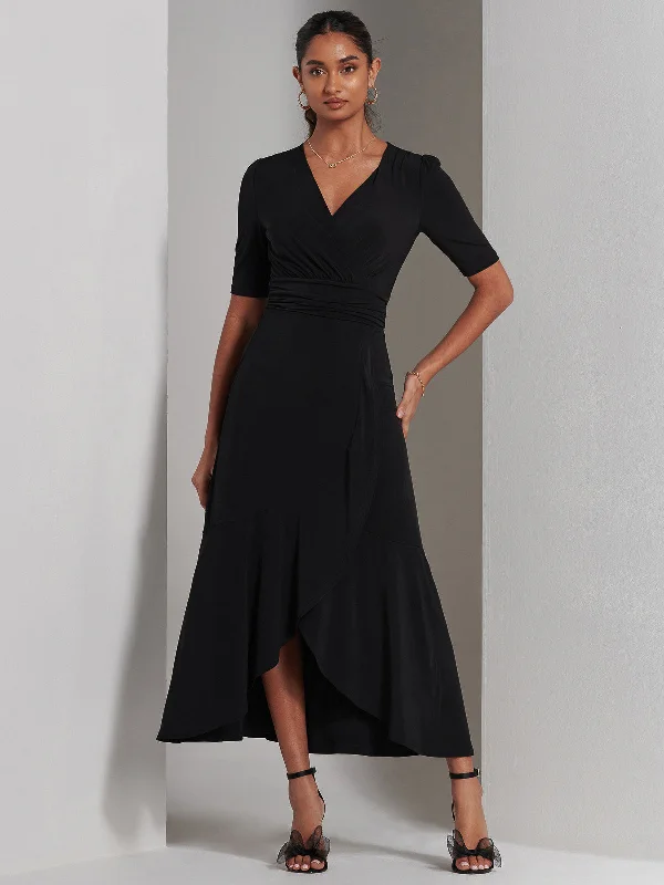 Olana Jersey Frill Hem Maxi Dress, Black Elegant Maxi Dress with Lace