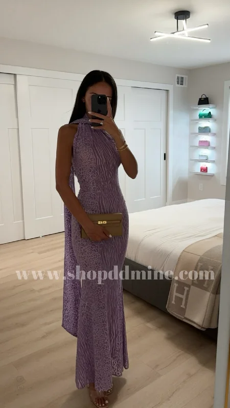 PURPLE VELVET ANIMAL PRINT MESH HALTER NECK MAXI DRESS Cozy Wrap Maxi Dress