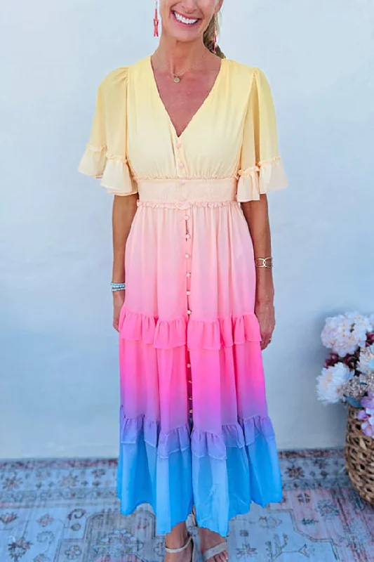 Ombre Sunset Ruffles Maxi Dress Comfortable Plunging Neckline Maxi Dress