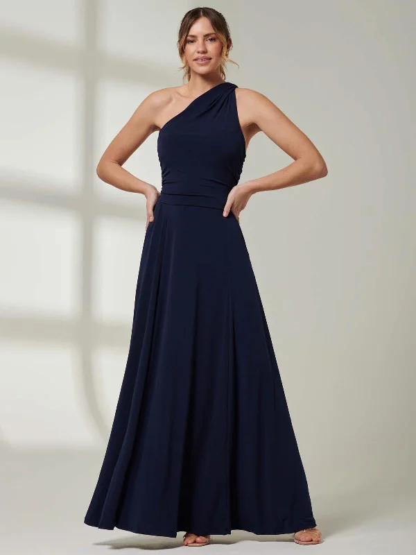 One Shoulder Jersey Maxi Dress, Navy Elegant Floral Maxi Dress