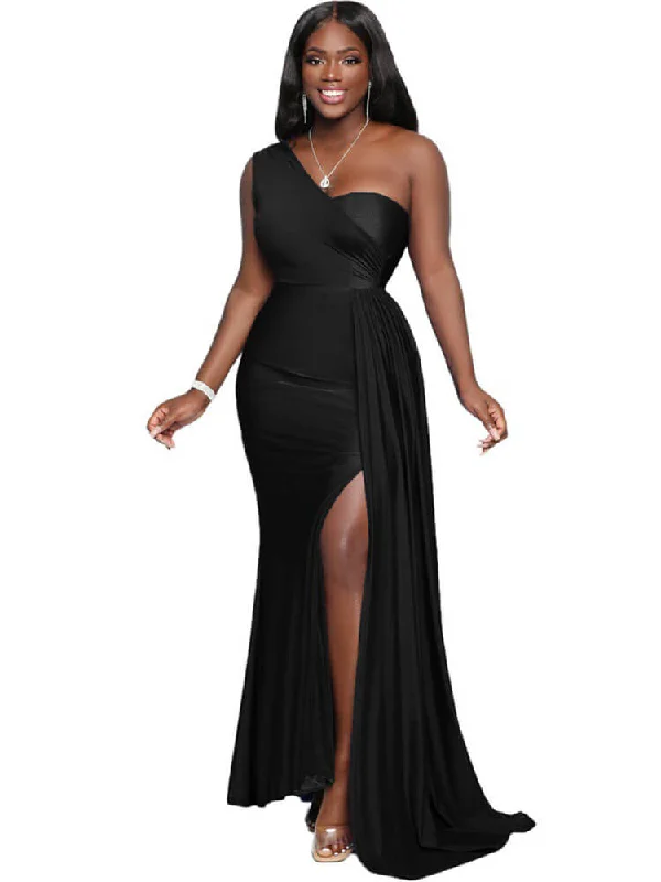 One Shoulder Sleeveless Ruched Slit Maxi Dresses Fashionable Chiffon Tiered Maxi Dress