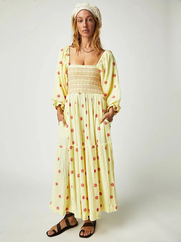 Blue Zone Planet |  Pam's Sunflower Embroidered Square Collar Yellow Maxi Dress Cozy Wrap Maxi Dress