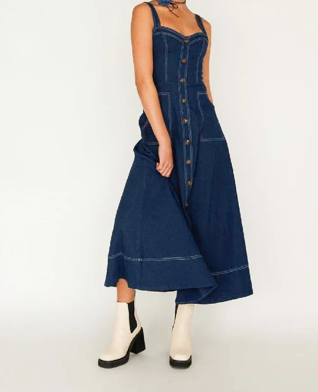 Paris Navy Denim Maxi Dress Comfortable Ruffle Maxi Dress