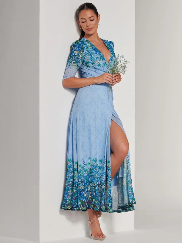 Peggy Ruched Sleeve Wrap Mesh Maxi Dress, Blue Multi Elegant Maxi Dress with Lace