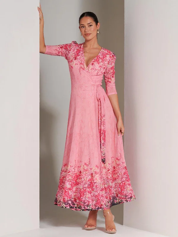 Peggy Ruched Sleeve Wrap Mesh Maxi Dress, Pink Multi Comfortable Fitted Maxi Dress