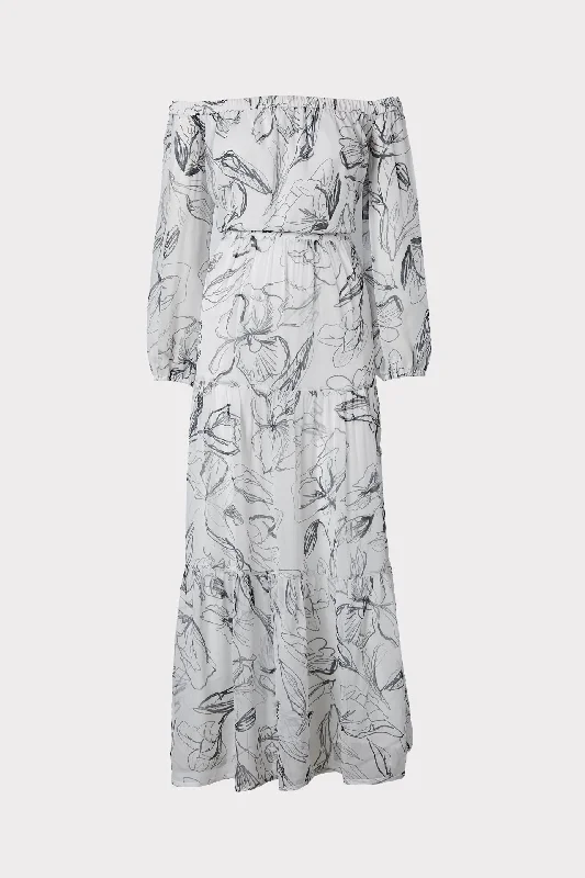 Pierce Sketched Iris Print Maxi Dress Stylish Pleated A-Line Maxi Dress