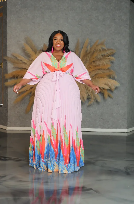 Pink Belle Pleat Maxi Dress Comfortable Plunging Neckline Maxi Dress