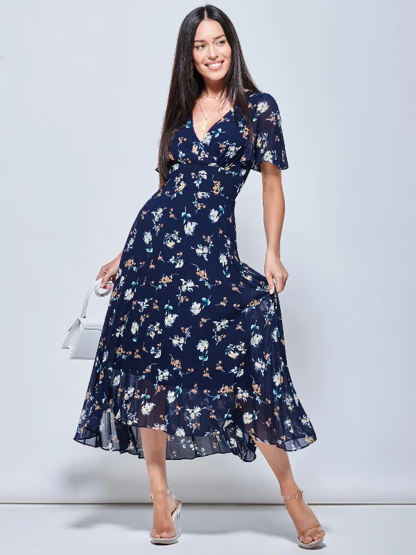 Pleated Chiffon High Low Maxi Dress, Navy Floral Comfortable Satin Maxi Dress