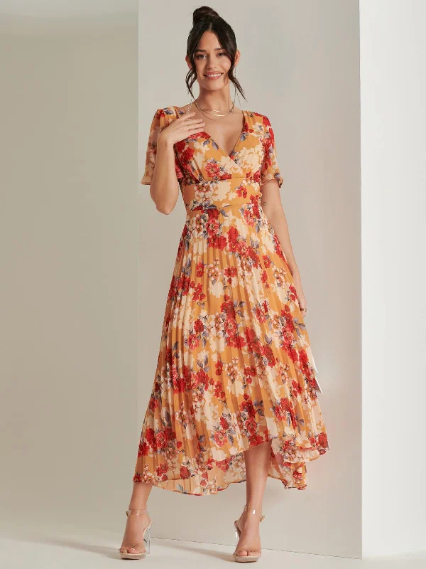 Pleated Chiffon High Low Maxi Dress, Red Floral Elegant Maxi Dress with Lace