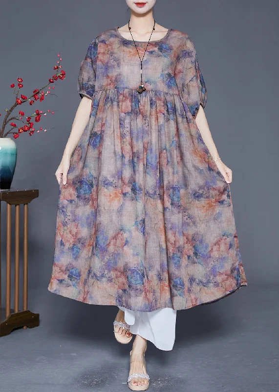 Plus Size Coffee Oversized Print Linen Maxi Dress Summer Fashionable Sheer Maxi Dress