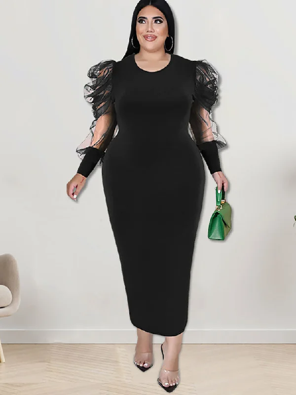 Plus Size Mesh Puff Sleeve Bodycon Maxi Dresses Trendy Floral Print Maxi Dress