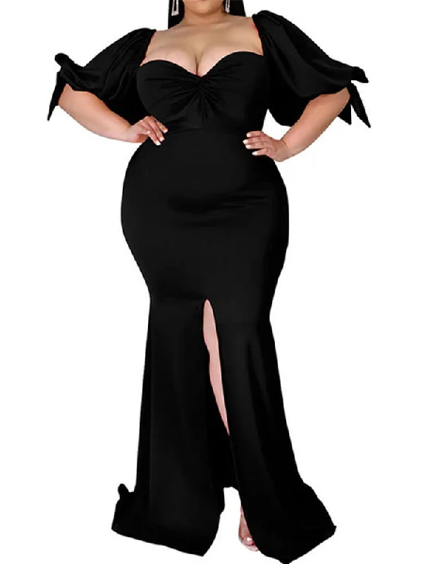 Plus Size Puff Sleeve Split Maxi Dresses Trendy Short Sleeve Maxi Dress