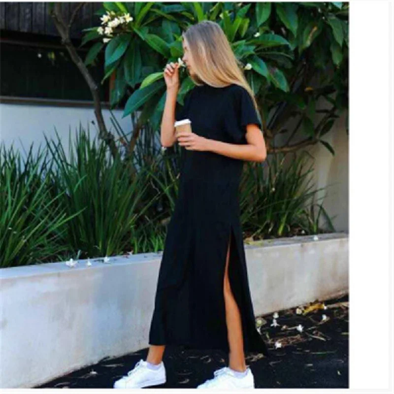 Plus Size Women T-Shirt Maxi Dress Casual Women Summer Beach Party Vintage Loose Short Sleeve Dresses Bodycon Black Long Dresses Spandex Blend Rayon Blend Denim Blend