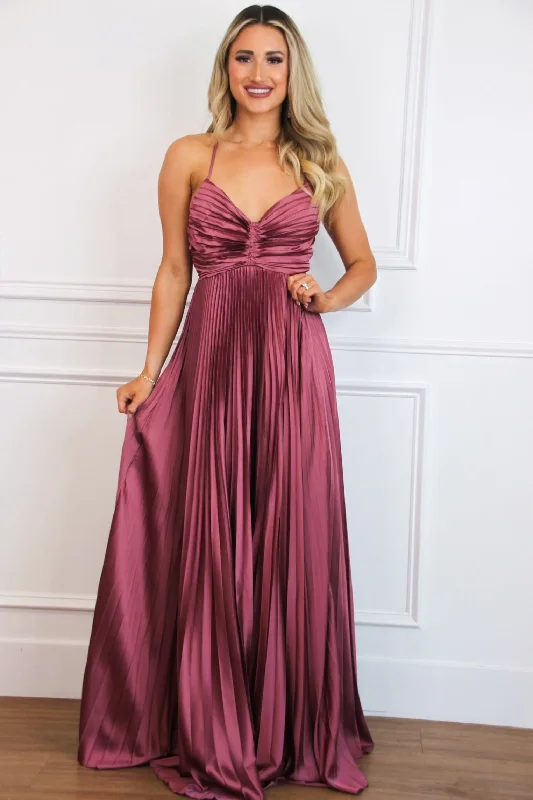 Pretty in Pleats Maxi Dress: Mauve Trendy Maxi Dress with Straps