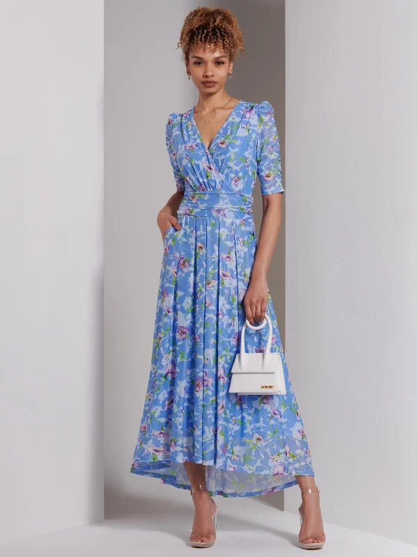 Print Dip Hem Mesh Maxi Dress, Blue Floral Fashionable Open-Back Maxi Dress