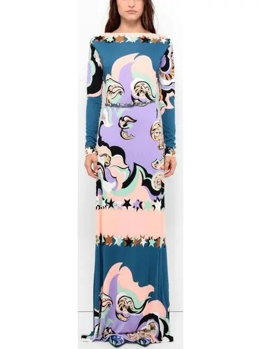Printed Jersey Silk Maxi Dress Cozy Open-Back Maxi Dress