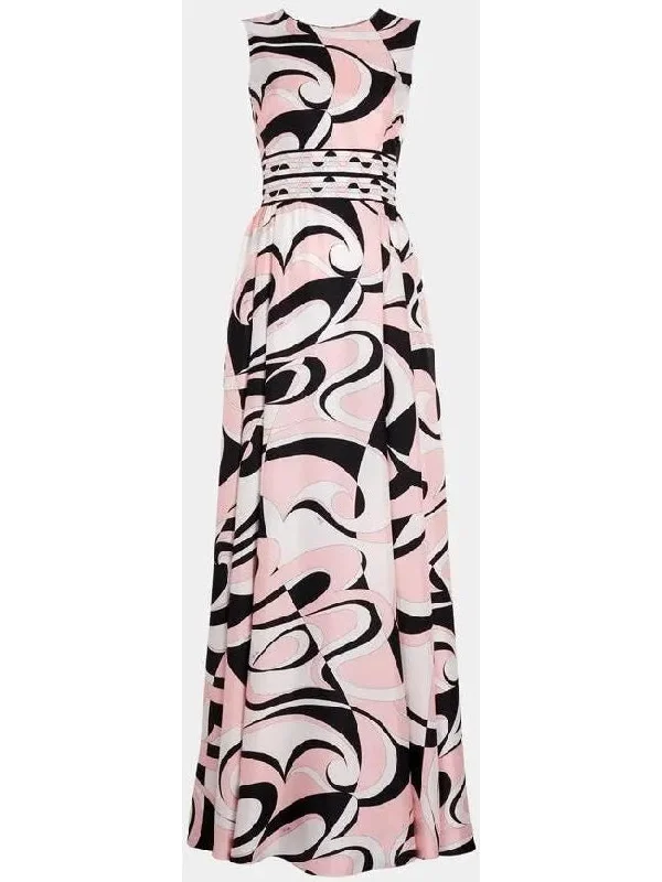 Printed Silk Sleeveless Maxi Dress in Pink, Black and White Elegant Maxi Dress with Drapes Printed Silk Sleeveless Maxi Dress in Pink, Black and White Elegant Maxi Dress with Drapes