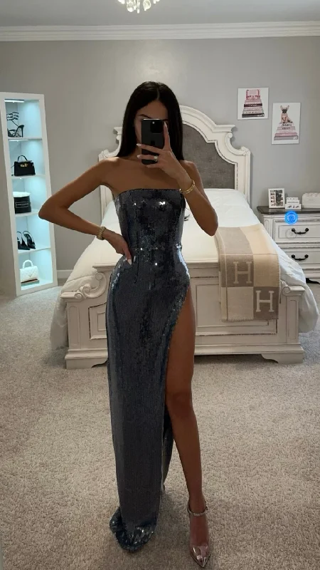RAMONDA NAVY SEQUIN STRAPLESS HIGH SLIT MAXI DRESS Cozy Maxi Dress with Slit