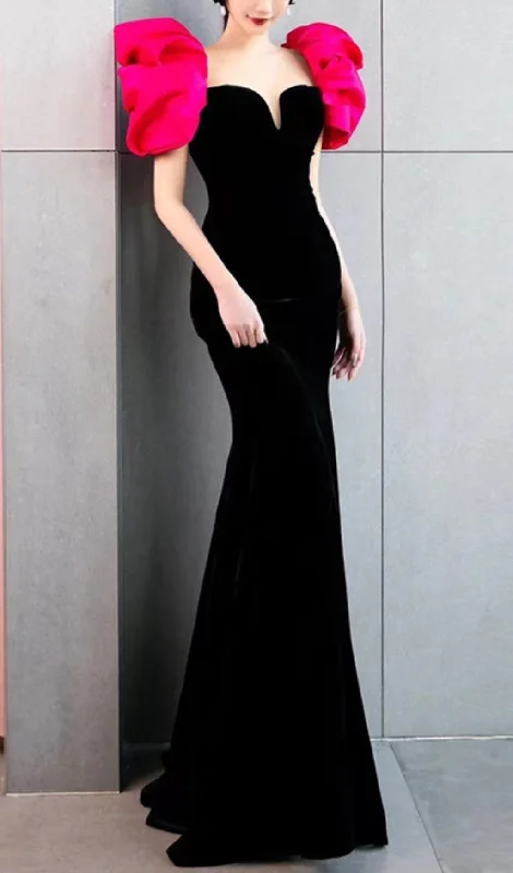 RED PUFF SLEEVE BLACK MAXI DRESS Cozy Wrap Maxi Dress
