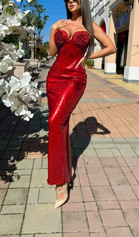 RED STRAPPY FLOWER SEQUIN SLIP MAXI DRESS Cozy Knitted Maxi Dress