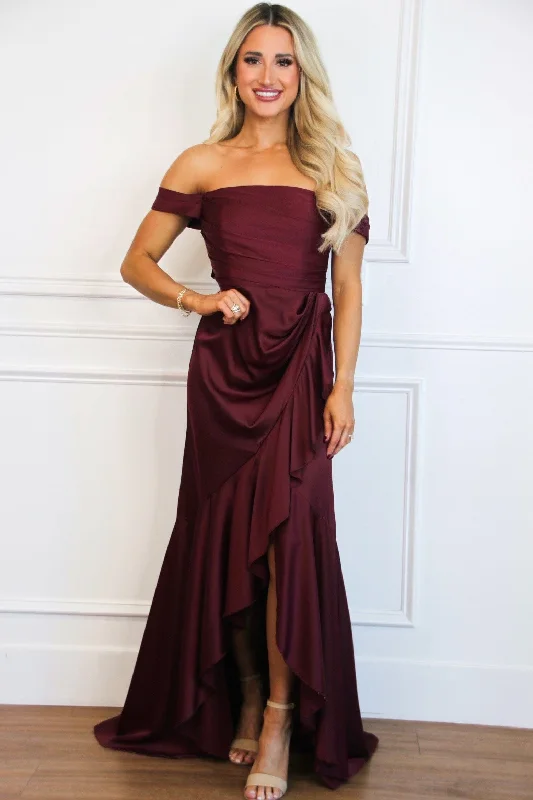 Renna Off Shoulder Satin Ruffle Maxi Dress: Wine Comfortable Long-Sleeve Maxi Dress