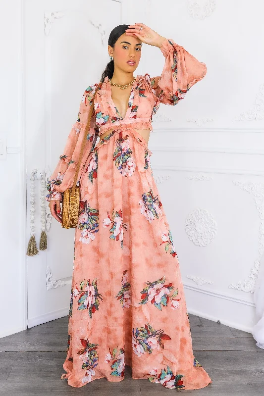 Resort Floral Bubble Sleeves Maxi Dress Stylish Boho Maxi Dress