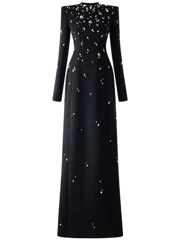 Rhinestone-Embellished Long-Sleeve Black Maxi Dress Stylish Boho Chic Maxi Dress