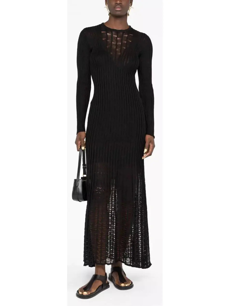 Ribbed-Knit Maxi Dress, Black Fashionable Chiffon Tiered Maxi Dress