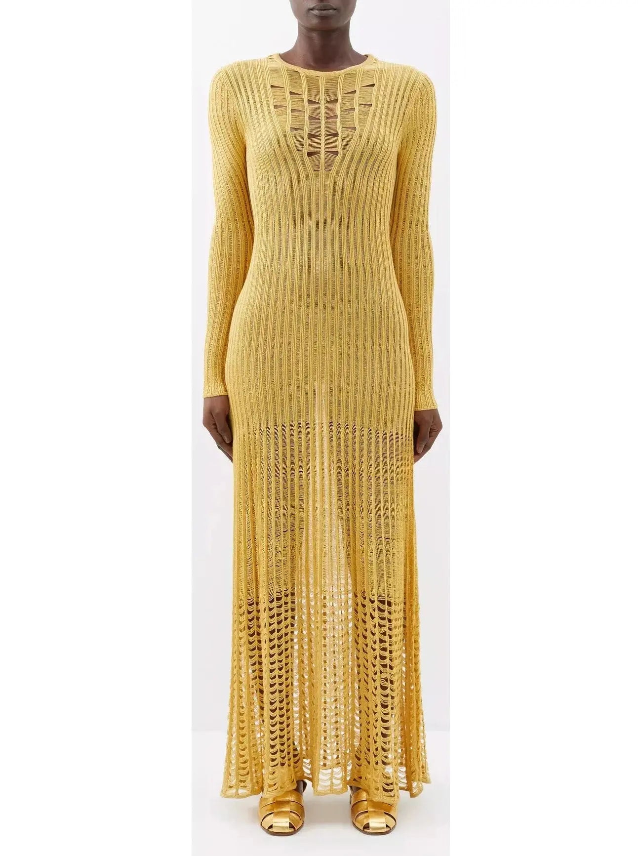 Ribbed-Knit Maxi Dress, Yellow Stylish Empire Waist Maxi Dress
