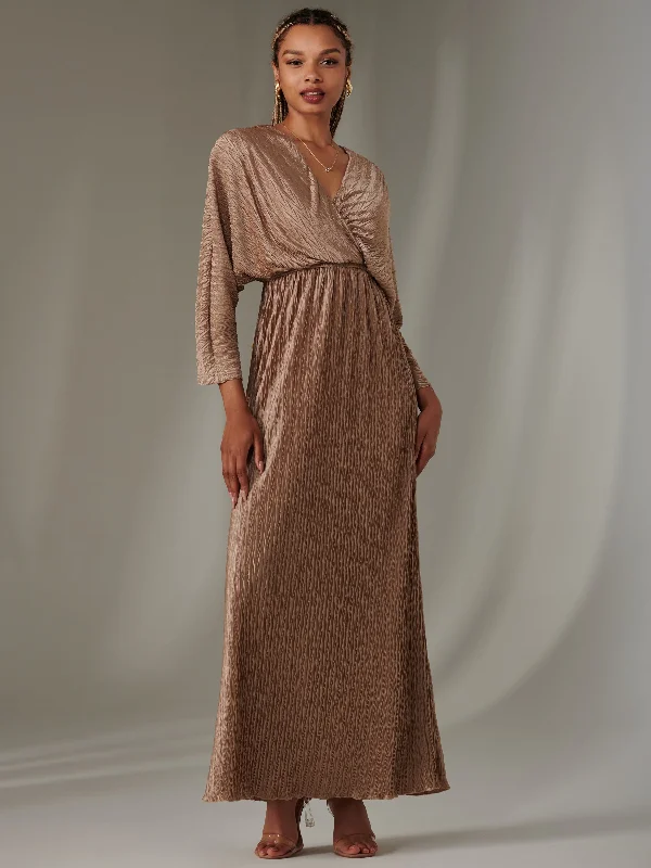 Ruffle Hem Textured Jersey Maxi Dress, Bronze Trendy Ruffled Maxi Dress