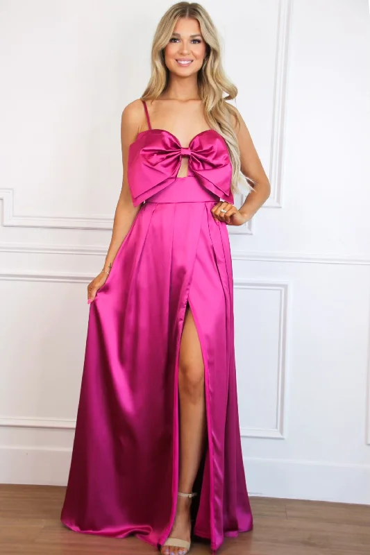 Ryanne Oversized Bow Satin Maxi Dress: Fuchsia Fashionable Off-Shoulder Maxi Dress