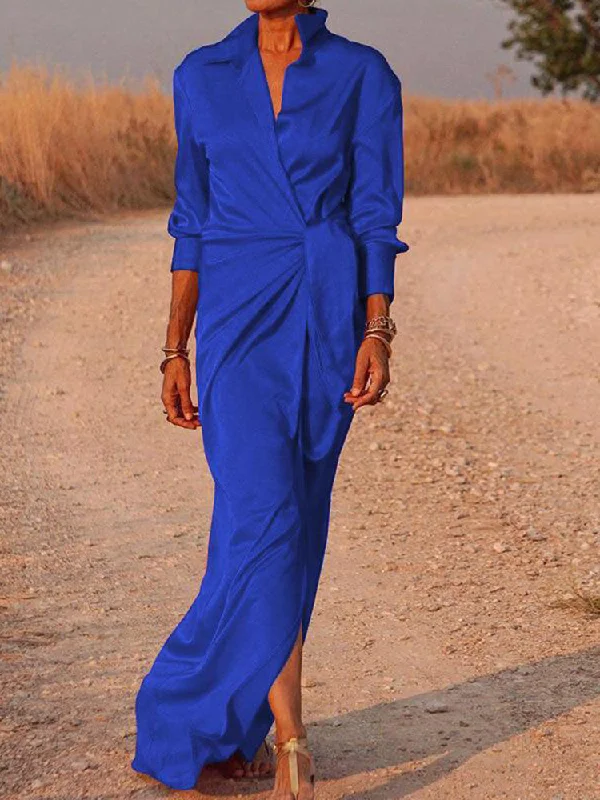 Satin Lapel V Neck Split Maxi Dresses Fashionable High-Waist Maxi Dress