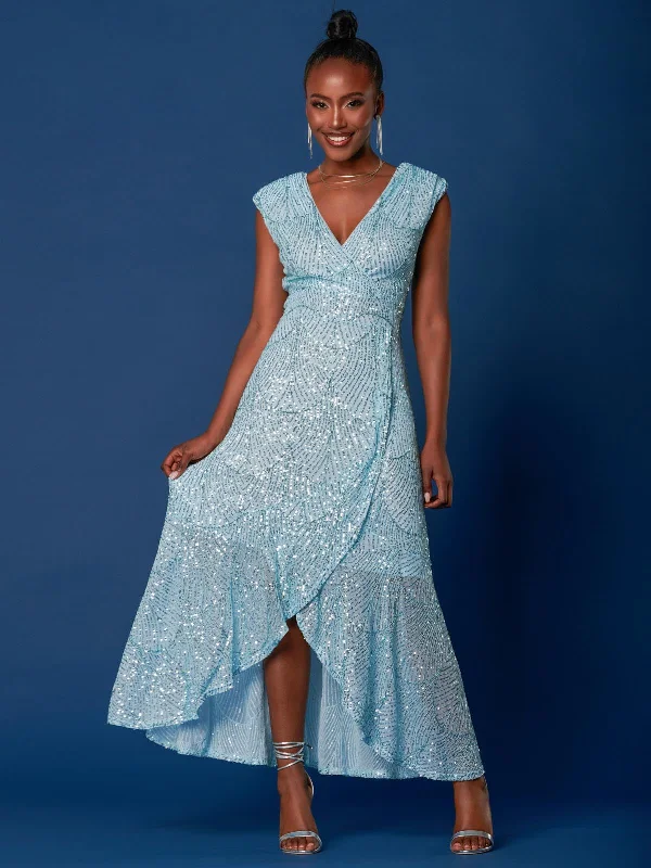 Sequin High Low Hem Maxi Dress, Light Blue Chic Summer Maxi Dress