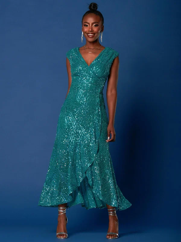 Sequin High Low Hem Maxi Dress, Teal Multi Comfortable Maxi Dress with Slits