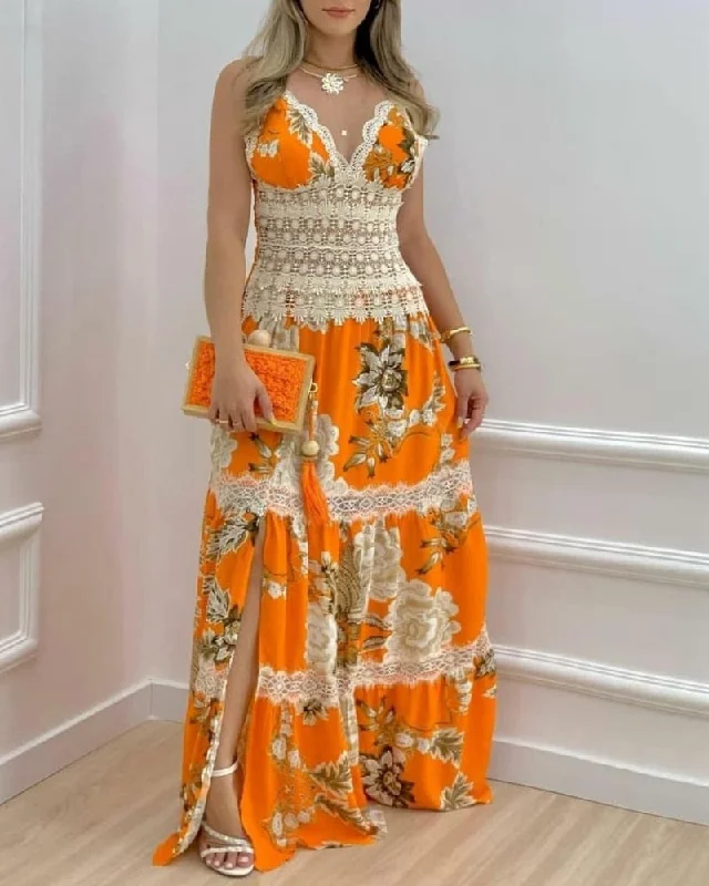 Sexy Women Floral Print Contrast Lace Split Hem Maxi Dress Daily Wear 2023 Casual Bodycon Party Long Dresses Fashionable Button-Down Maxi Dress Sexy Women Floral Print Contrast Lace Split Hem Maxi Dress Daily Wear 2023 Casual Bodycon Party Long Dresses Fashionable Button-Down Maxi Dress