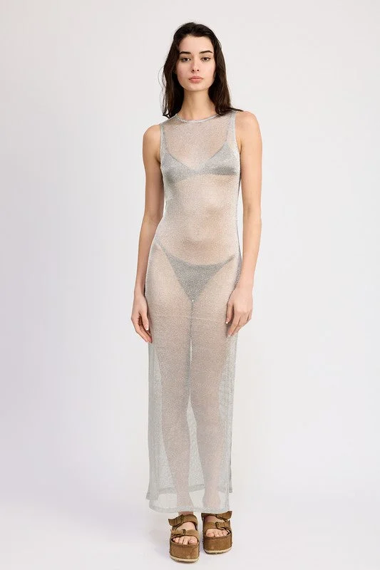 SHEER MAXI DRESS WITH SIDE SLIT Trendy V-Neck Maxi Dress