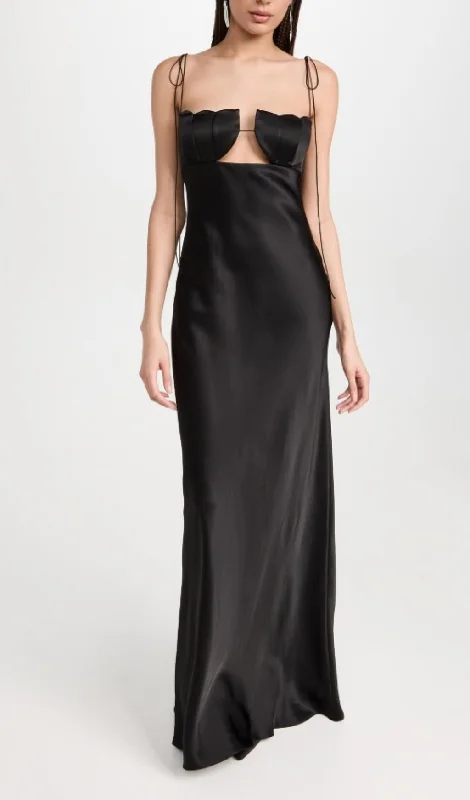 BLACK TULIP SATIN MAXI DRESS Fashionable Open-Back Maxi Dress