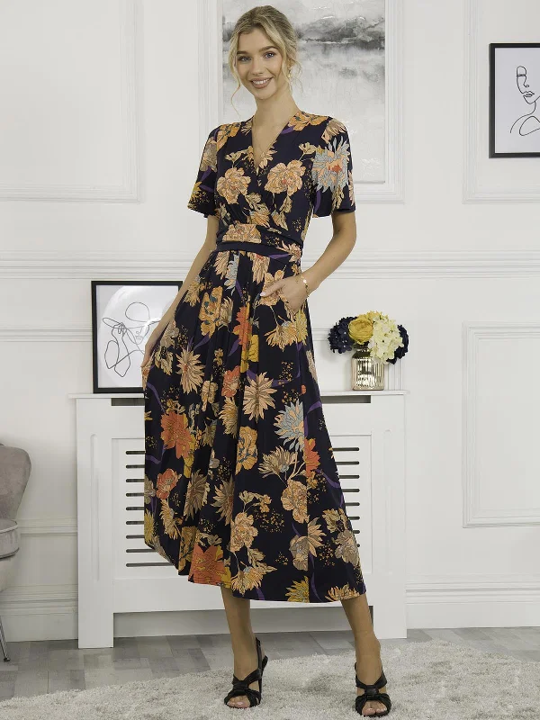 Sherya Jersey Angel Sleeve Maxi Dress, Navy Orange Floral Elegant Maxi Dress with Drapes Sherya Jersey Angel Sleeve Maxi Dress, Navy Orange Floral Elegant Maxi Dress with Drapes