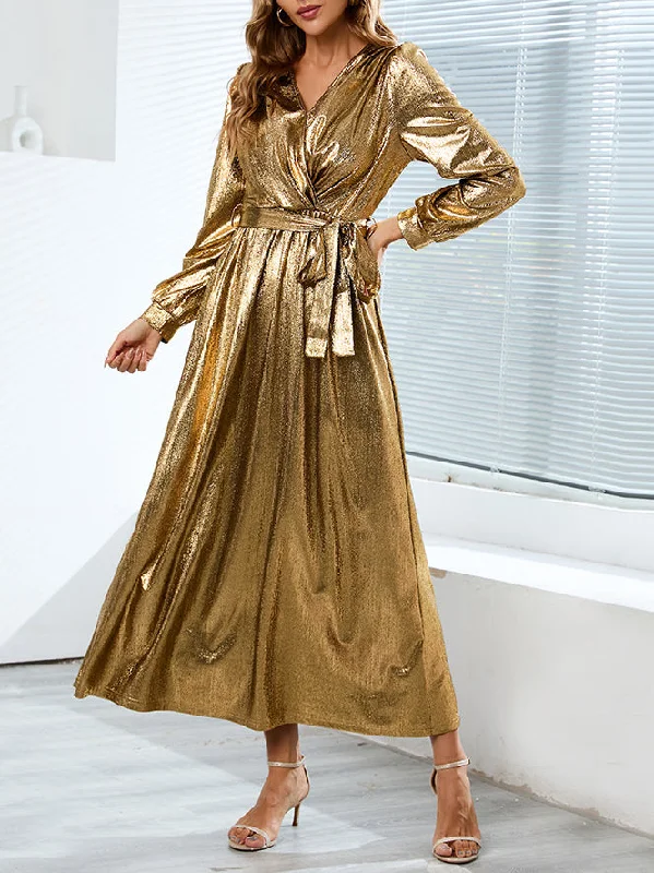 Shinny Long Sleeve Tie Waist Maxi Dress Stylish A-Line Maxi Dress