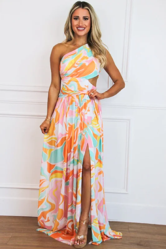 Shoreside Abstract One Shoulder Maxi Dress: Pink/Orange Multi Fashionable Button-Down Maxi Dress