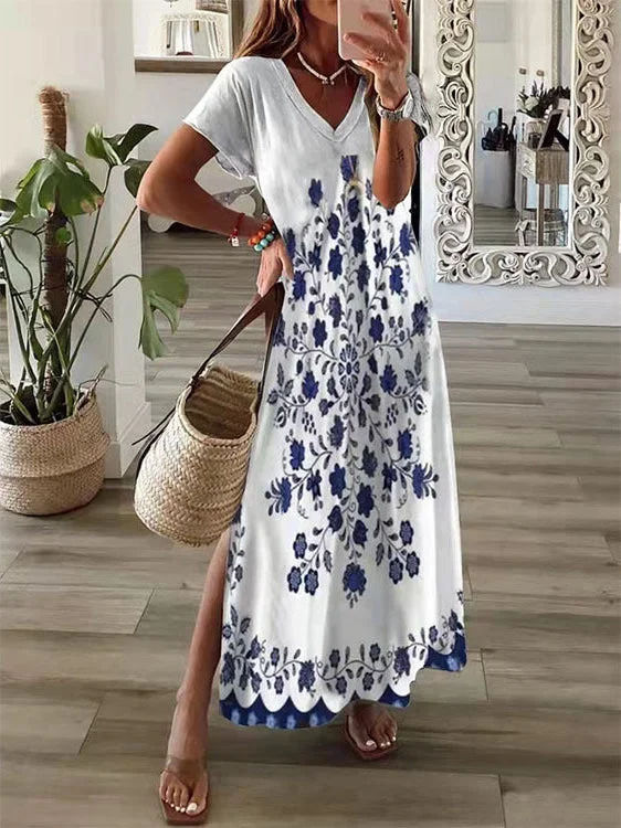 Short Sleeve Side Slit Printed Loose Maxi Dress Stylish Maxi Dress with Pleats