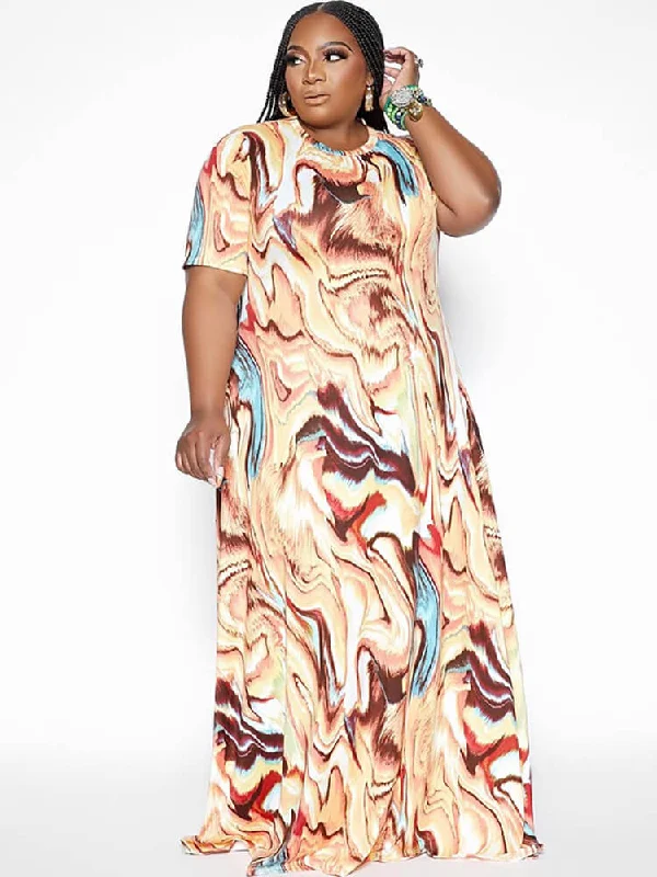 Short Sleeve Tie Dye Print Maxi Dresses Comfortable Long-Sleeve Maxi Dress