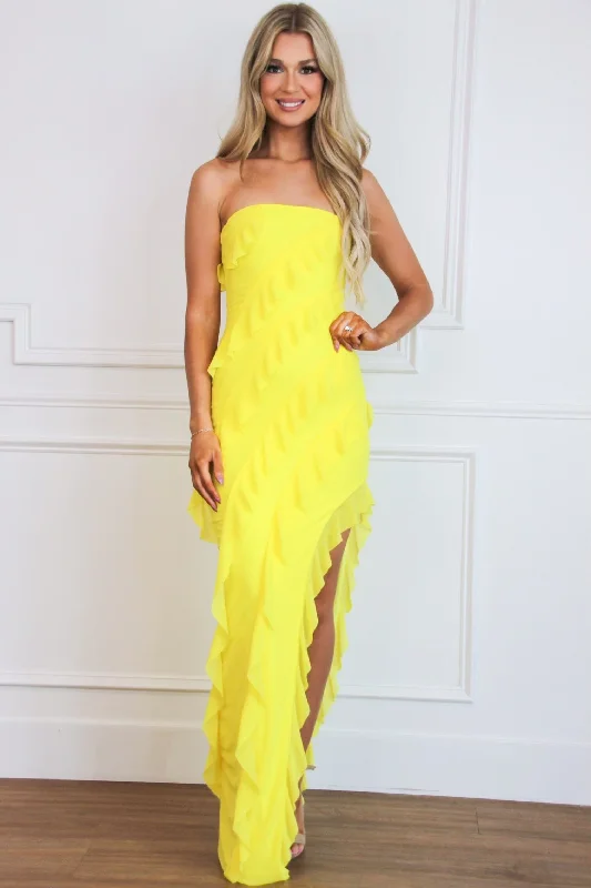 Silvana Strapless Ruffle Maxi Dress: Yellow Elegant Maxi Dress with Slit